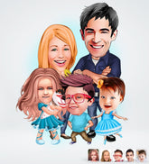 Familie tema5 (5 personer) - karikaturtegning efter dine fotos - Just Karikatur